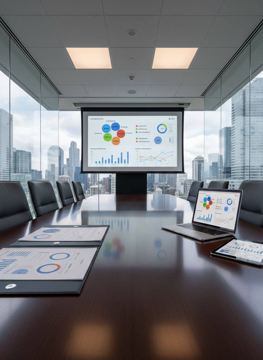 A long, polished conference table with a high-resolution projector screen at the far end showing a large, detailed customer segmentation diagram and performance charts. On the table, neatly aligned folders, a tablet, and a slim laptop all display consistent analytics visuals, reinforcing a cohesive digital strategy. The room features glass walls with a subtle city skyline visible, giving depth without distraction. Soft, even overhead lighting combines with faint ambient daylight, creating a neutral, professional tone. Photographic realism, captured from the table’s edge at a low angle leading the eye toward the glowing screen, suggesting structured planning, B2B collaboration, and confident digital decision-making grounded in customer insight.