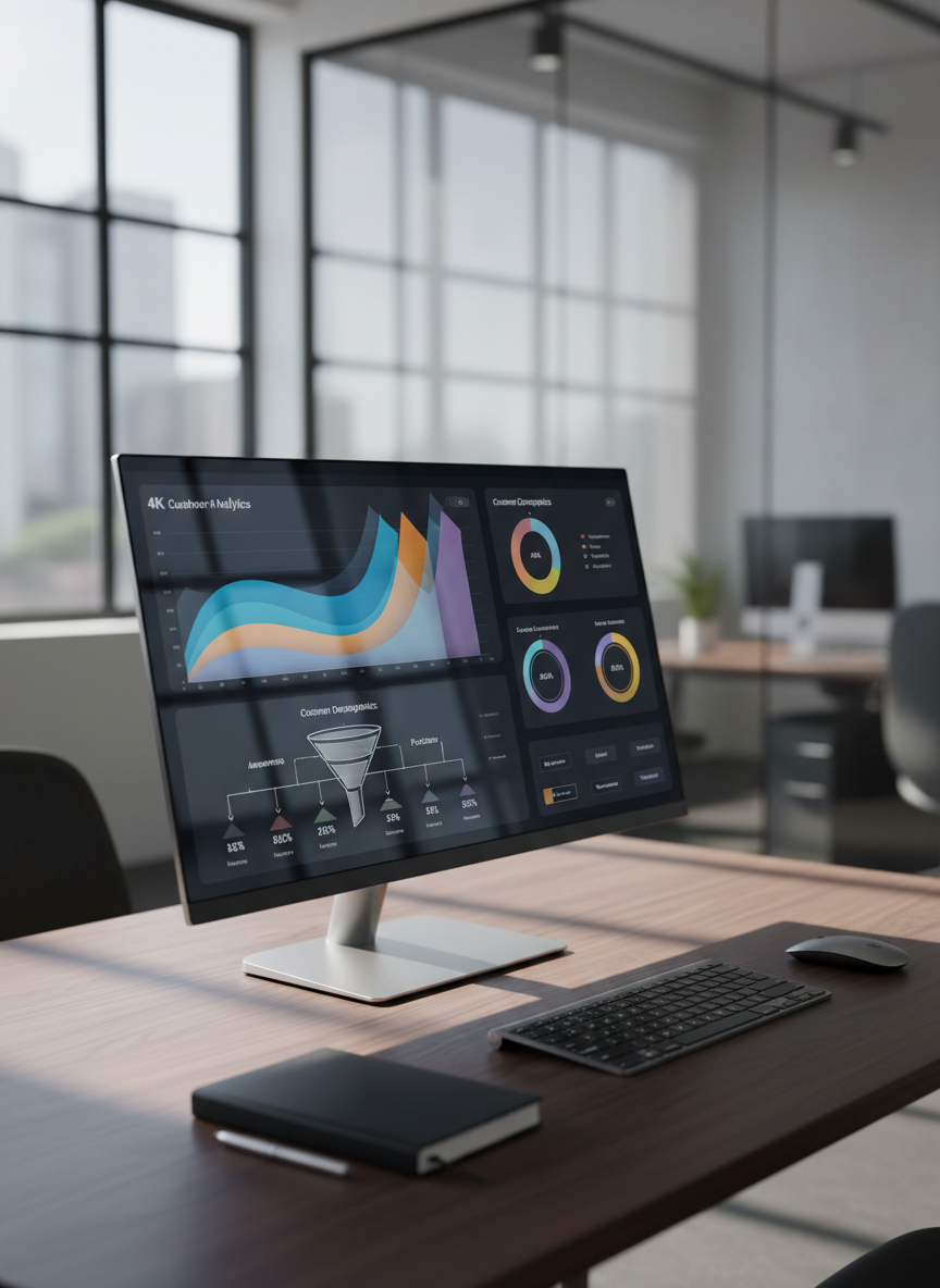 A sleek, ultra-wide digital analytics dashboard displayed on a thin, frameless 4K monitor, showing colorful graphs, segmented customer insight charts, and engagement funnels. The screen sits on a minimalist dark wood desk alongside a brushed-metal keyboard and mouse, with a closed notebook and pen neatly arranged. Soft daylight from a large nearby window creates subtle reflections on the monitor and a gentle gradient of light across the workspace. The background is softly blurred, hinting at a modern, glass-walled office. Photographic realism with a clean, contemporary B2B aesthetic, shot at eye level with a shallow depth of field, conveying professionalism, reliability, and expert digital services focused on customer understanding.