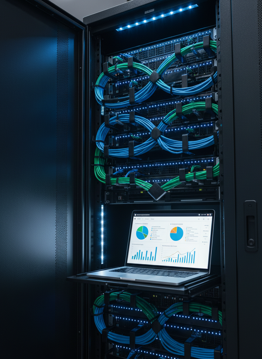 A close-up, photographic view of a dark, brushed-aluminum server rack door partially open, revealing neatly organized network cables and indicator lights forming clean, geometric patterns. In the foreground, a slim laptop rests on a pull-out tray, showing a clear customer analytics dashboard with segmented metrics and performance indicators. Cool, controlled LED lighting from within the rack casts soft blue and white highlights, creating a precise, technical atmosphere. Shot at a low, slightly angled perspective with the rack dominating the frame, the composition is balanced and modern, evoking reliability, security, and expert infrastructure behind digital customer insight services.