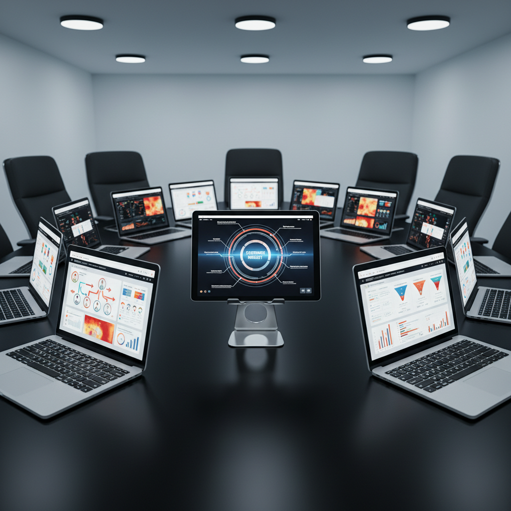 A cluster of high-end laptops and tablets arranged in a precise semicircle on a matte black conference table, each device displaying different aspects of customer journey maps, heatmaps, and user behavior dashboards. In the center, a polished metal device stand holds a primary tablet with a detailed customer insight visualization radiating outwards. Overhead recessed lighting casts even, cool illumination, creating crisp reflections along the devices’ edges and a calm, focused atmosphere. Photographic realism, shot from a slightly elevated angle with sharp focus throughout, emphasizing structured collaboration, B2B digital strategy, and a trustworthy, data-driven partnership environment without any people present.